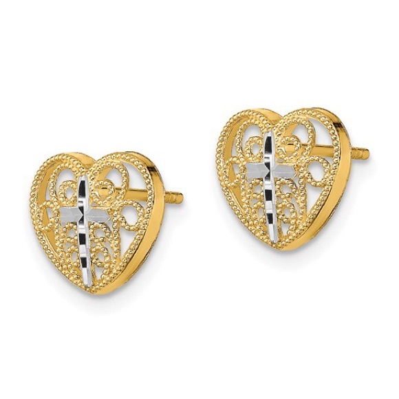 14k yellow Gold Filigree Heart, White Rhodium Cross Post Earrings with push back - Picture 5 of 6
